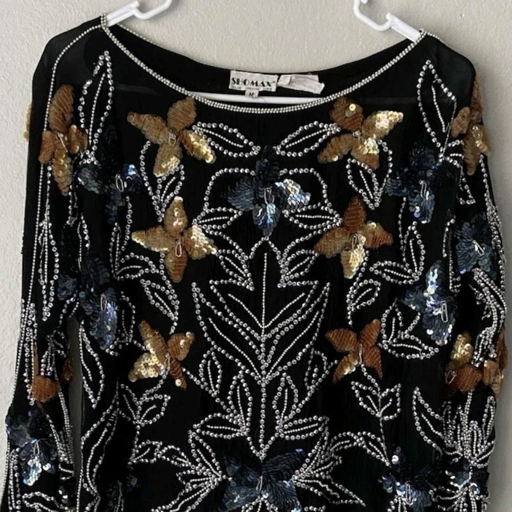 Sequin Embellished Black Top with Gold and Blue Accents